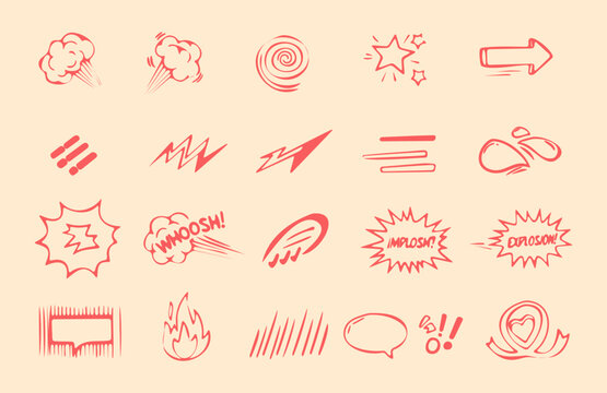 Set of comic book style sound effects, action elements, speech bubbles, and decorative design elements in pink