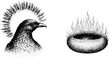 Obraz premium Raven head facing halo beside flaming bowl on white