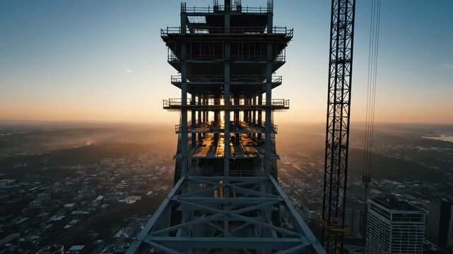 The skeleton of a skyscraper illuminated by the rising sun over a vast cityscape at dawn