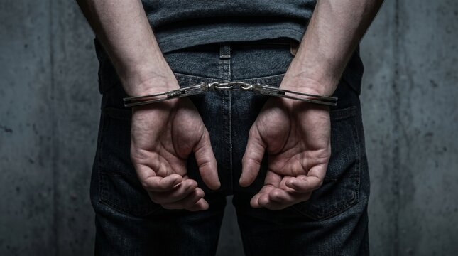 Man in handcuffs with hands behind his back against a concrete wall, symbolizing arrest or detention.