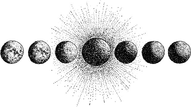 Row of planetary spheres orbiting radiant central sun on white background