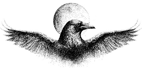 Obraz premium Crow spreading wings in front of circular halo background