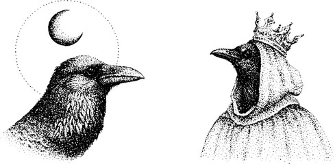 Obraz premium Two crows facing each other with crowned hooded figure on white background