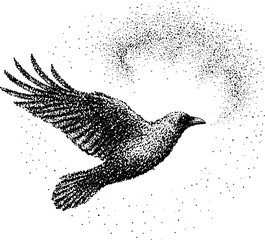 Obraz premium Crow in flight with stippled spray on white background