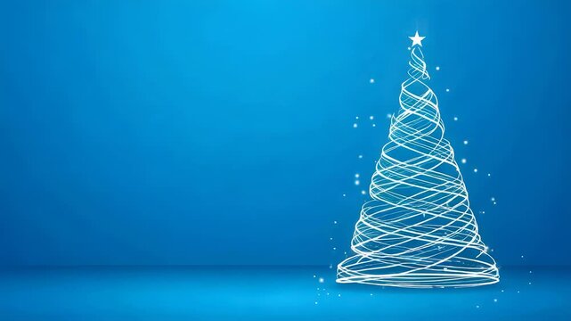 Abstract Christmas tree made of glowing light lines on blue background. Minimalist holiday pine animation loop. Creative digital festive greeting card concept.