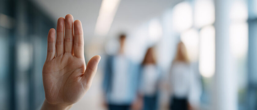 Hand gesture signaling stop with blurred people