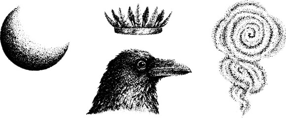 Obraz premium Raven head with crown beside crescent moon and spiral smoke
