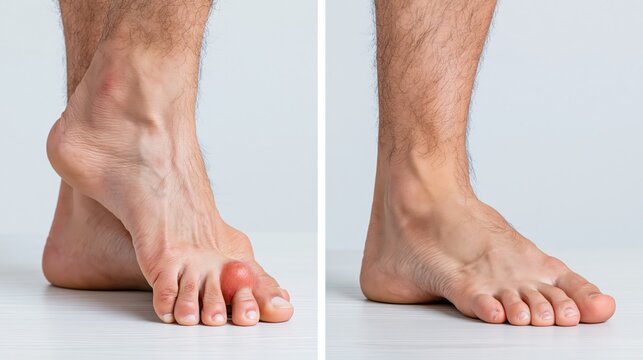 Split frame showing a large red bony bunion with an angled big toe versus a straight smooth corrected foot.