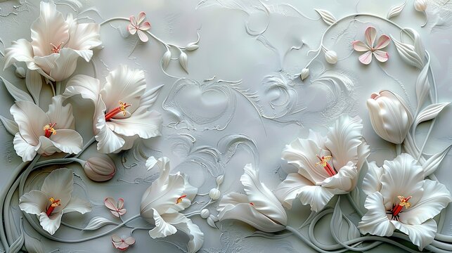 border of two ruby hearts by art nouveau style, bouquet of white parrot tulipes flowers and pale pink lillies, top view, pale grey background, surrealistic, detailed, 