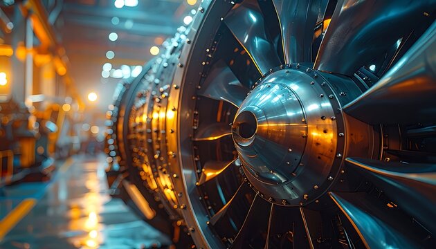 Large turbine engine with metallic silver components in a workshop illuminated by warm-toned lights