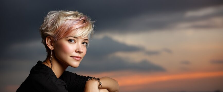 Bold woman showing edgy pixie cut dyed platinum blonde, pastel coral sky, cinematic highlight 