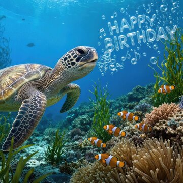 A vibrant sea turtle glides through a coral reef bustling with clownfish, as bubbles rise to spell out 'Happy Birthday' above the colorful scenery
