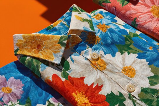 Vibrant Floral Shirt: A close-up of a colorful, short-sleeved button-up shirt adorned with a vibrant floral pattern, featuring large daisies in shades of blue, white, and orange.