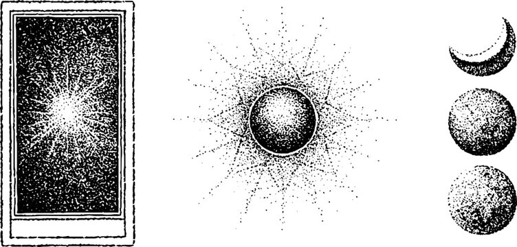 Radiant sun sphere and moon phases on white background
