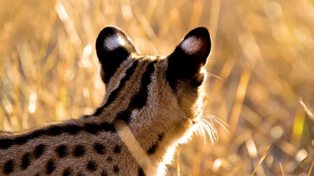 Serval Cat With Keen Ears Swiveling, Identifying Prey in the Sunlit Grassland