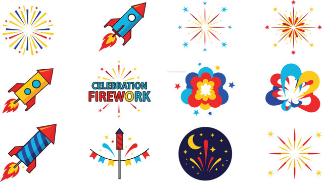 Fireworks Celebration Vector Set with Rocket Sparkler Festival and Party Icons