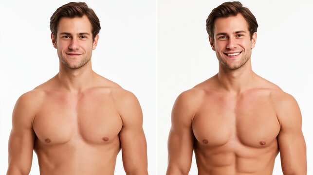 Split frame showing a completely flat underdeveloped male chest versus well defined rounded pectoral contours.