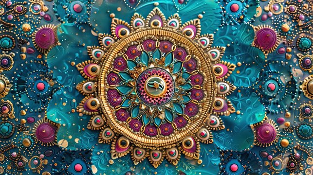 bohemian-inspired mandala pattern with intricate details, vibrant jewel tones of teal, magenta, and gold, swirling geometric shapes creating an ornate, eclectic design, 