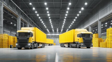 Naklejka premium Freight cargo loading inside large warehouse bay with yellow truck and stacked pallet in industrial logistics center