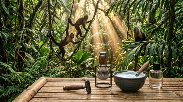 Traditional shaving tools and cream on a wooden table in the middle of a lush tropical jungle with monkeys.