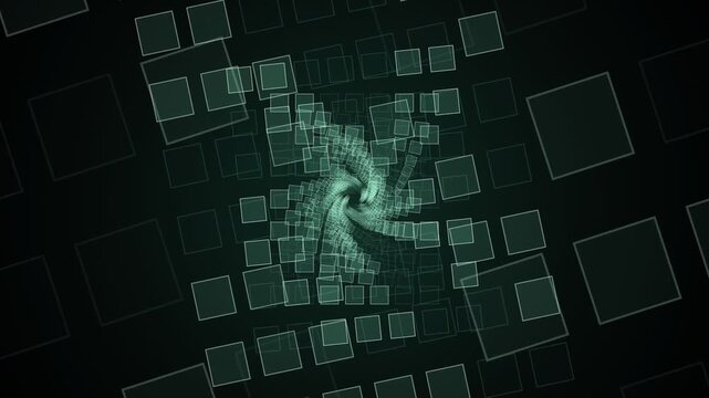 Abstract green geometric tunnel of rotating square outlines
