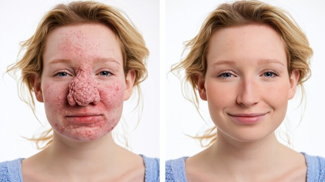 Split frame showing a severely thickened lumpy red bulbous nose versus a normal proportionate smooth nose. Fictional depiction.