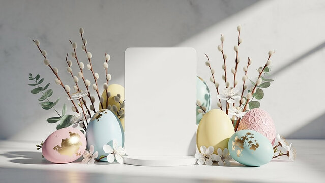 Pastel Easter Eggs with Willow Branches Still Life