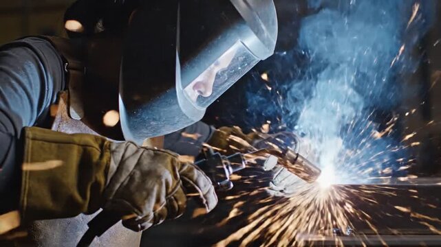 Welder Focused on Metal Fabrication illuminated by Torch Glow Sparks Flying