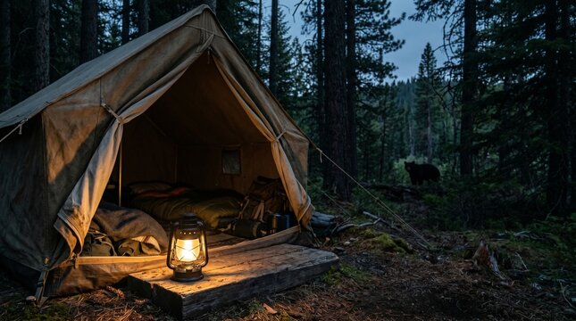 Cozy canvas tent illuminated by a vintage lantern in a dark forest at dusk.