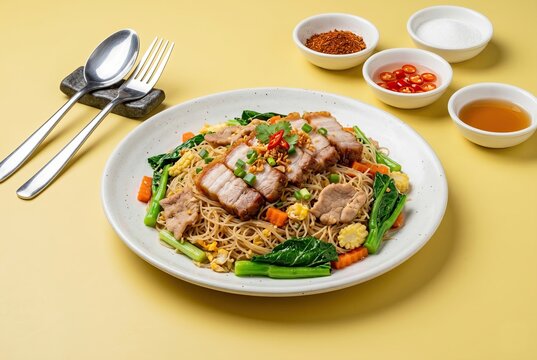 Generated AI set photos Stir fried rice vermicelli with crispy pork and vegetables