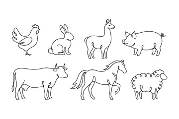 Fototapeta premium Seven farm animals in minimalist line art style illustration on white background
