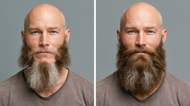 Split frame showing a patchy beard with large hairless bald gaps versus a full evenly dense uniform beard.