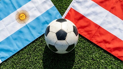 Obraz premium Top down view of a soccer ball flanked by Argentine and Austrian flags on textured green stadium grass