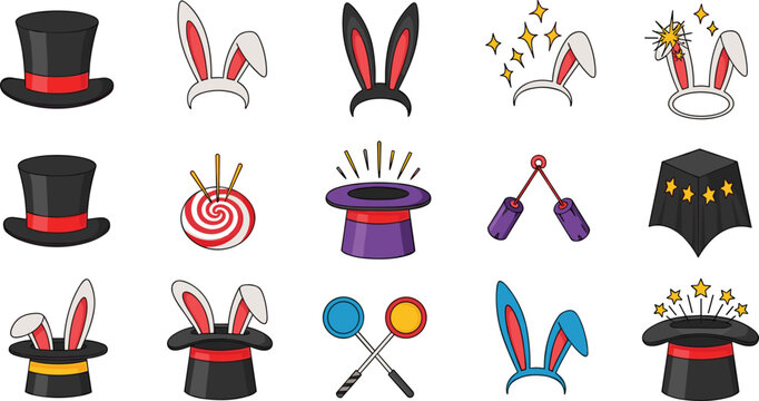 Magic Hat and Magician Trick Vector Set with Rabbit Ears Wand and Illusion Icons