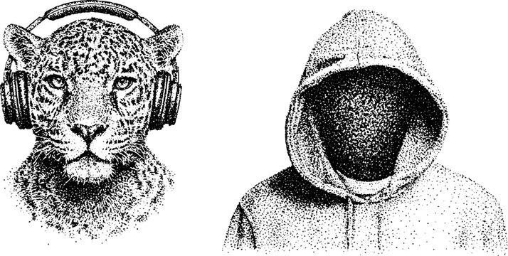 Leopard head with headphones beside hooded faceless figure in studio