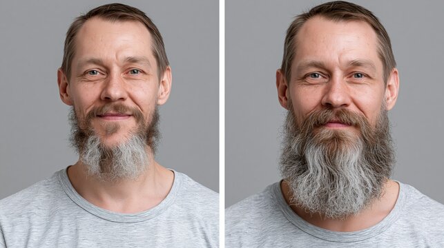 Split frame showing a patchy beard with large hairless bald gaps versus a full evenly dense uniform beard.
