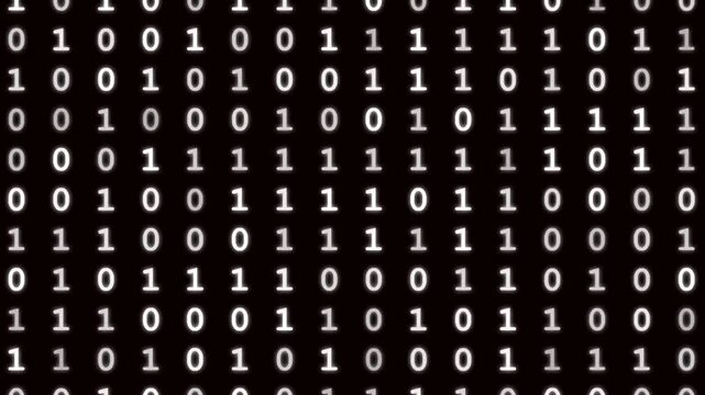 Looping abstract digital background composed of shifting binary digits, ones and zeros, on a dark screen.