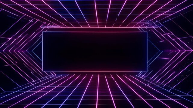 Glowing neon grid tunnel moving forward in dark cyberspace. Retro synthwave animation with infinite light lines. Digital background for loop motion graphic design.