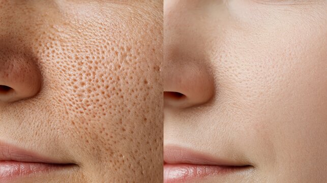 Split frame macro showing extremely enlarged open pores giving orange peel texture versus barely visible pores with smooth refined skin.