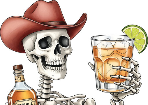 Vector Illustration Skull Cowboy Drinking Tequila Hand Drawn Halloween Party 