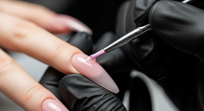 Applying builder gel for nail extensions with a brush in a salon close-up view of nail art process manicure master working on nails