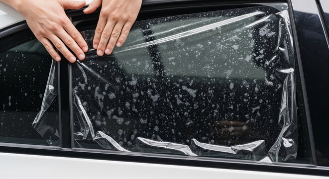 Applying wet car window film for heat and UV protection with hands on a car's side window for sun blocking and privacy enhancement