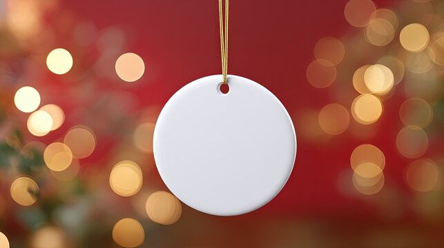 blank ceramic white circle ornament from printify with one gold string hanging, with christmas lights and red and gold blur background. 