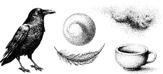 Obraz premium Crow beside feather swirl cup and sphere on white background