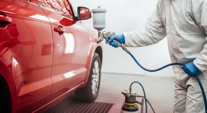 Auto painter in protective suit spraying red car with paint gun in professional spray booth