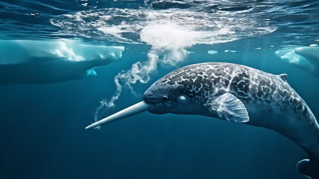 Majestic narwhal with spiraling tusk surfaces from icy Arctic ocean waters, showcasing its unique marine presence