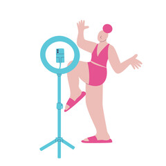 Fototapeta premium Vector illustration of woman posing with raised bent leg and outstretched arms in front of ring light with smartphone, filming herself dancing or posing, minimal flat design