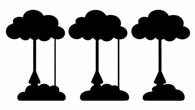 Silhouette vector illustration of marionette puppets dancing on strings in a row against a white background