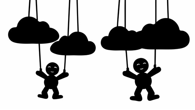 Silhouette vector of joyful marionette puppets dancing on strings with clouds evoking freedom and happiness