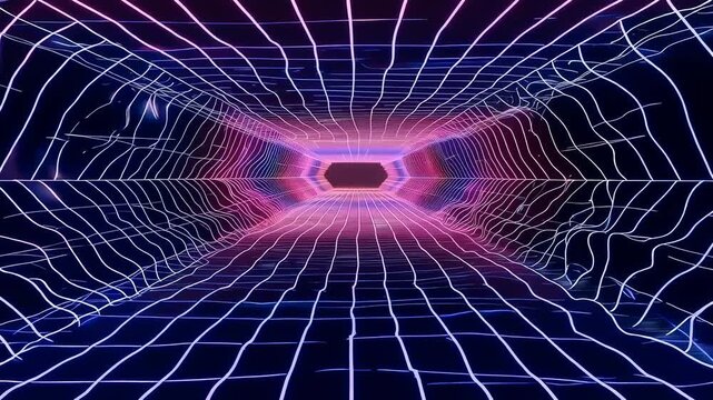 Endless digital tunnel with glowing neon grid lines. Futuristic cyberspace corridor moving forward. Synthwave motion graphics, loop video for abstract background.